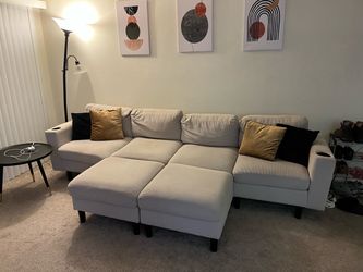 Beige corduroy modular sectional sofa