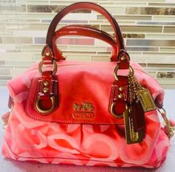 New COACH Pink/Red Canvas/Leather Weekend/Travel Bag