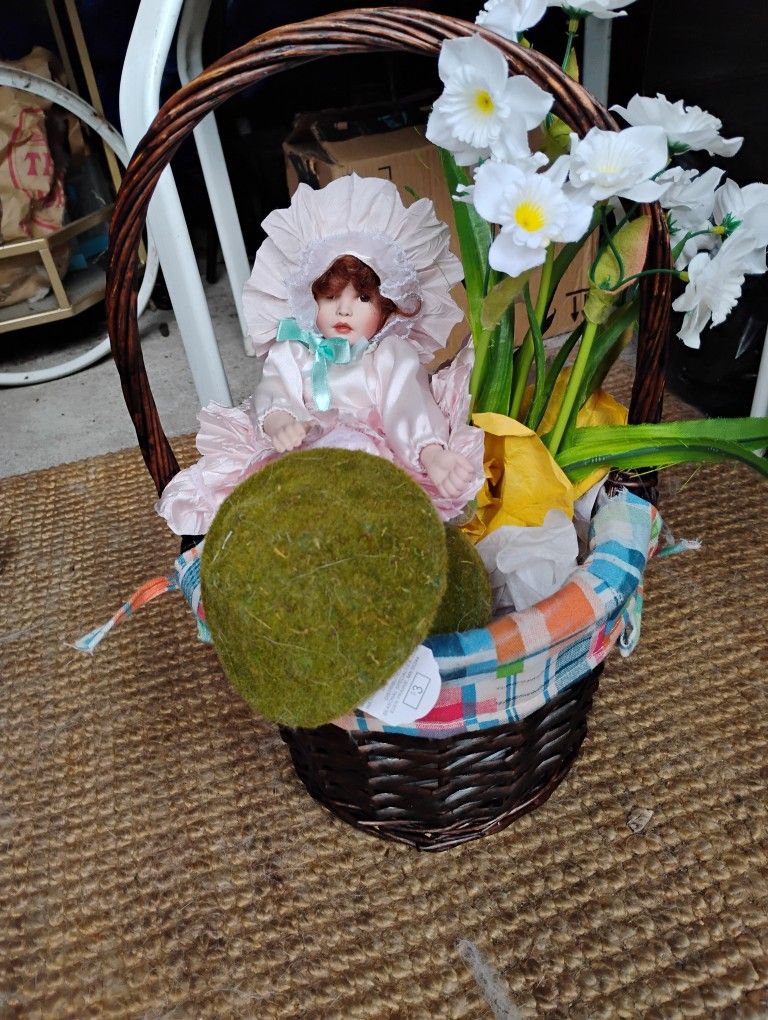 Beautiful Pink Floral Porcelain Doll N Basket