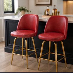 Modern Glam Bar Stools - Gold Base, Red Upholstered (Set of 2)