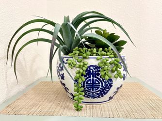Chinoiserie-Style Ceramic Planter with Faux Succulents