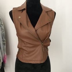 Brown faux leather sleeveless jacket