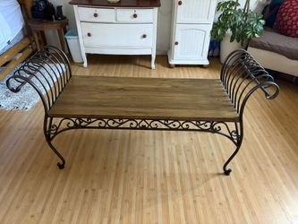 Garden Bench, Iron side scrolls w/ tropical print cushion