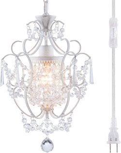 Plug in Chandelier Mini Crystal Chandelier White Retro Small Chandeliers Ceiling Light for Girls Bedroom,Farmhouse Plug in Pendant Light for Kitchen I