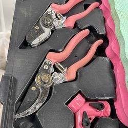 case containing a set of pink-handled gardening tools
