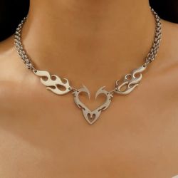 Brand New Stainless Steel Punk Heart Flame Collarbone Chain Necklace