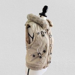 Rare FREDERICK'S OF HOLLYWOOD Tan Faux-Fur Cargo Zip Hoodie Vest w/Lace-Up Corset Back