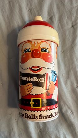 Vintage Tootsie Roll Christmas Santa Container Tin Cardboard and Plastic Hat