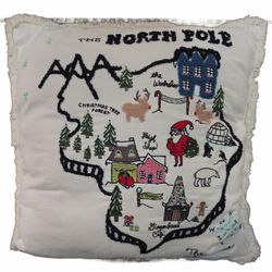 The North Pole Holiday Pillow with Fringe Border, White, 18" x 18"