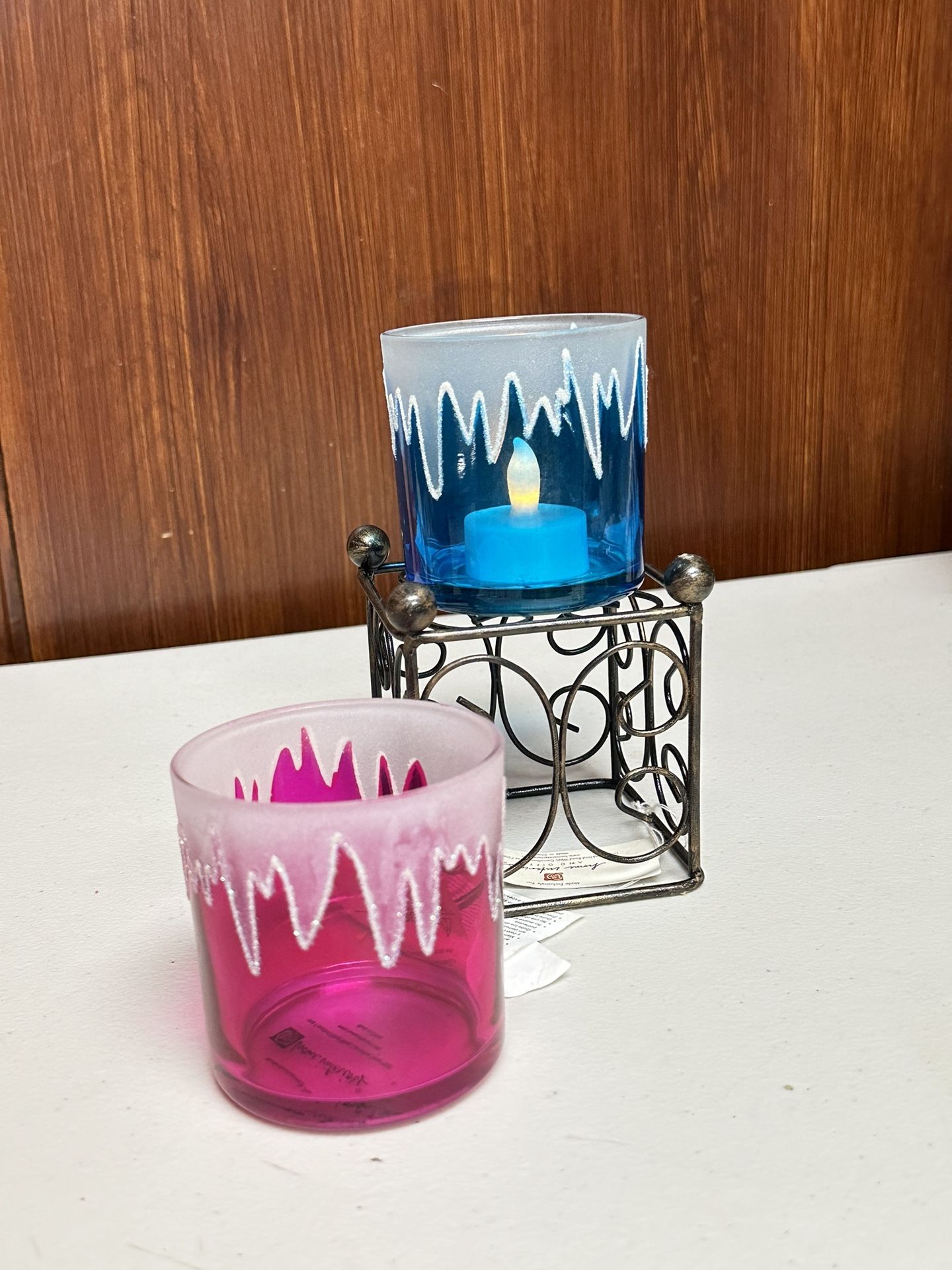 Home interiors pink and blue glass votive candle Holders 