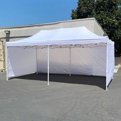 (NEW) $240 Heavy Duty 10x20 FT Canopy (with 4 Sidewalls) Ez Pop Up Outdoor Party Tent w/ Carry Bag (White/Blue)