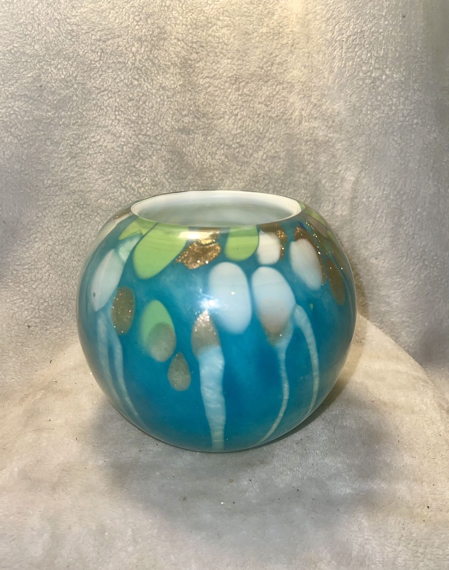 Art glass double walled turquoise Vase or candle holder. Vase has copper sparkles in the glass. 