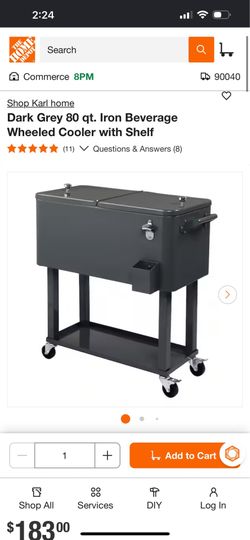 Karl home Dark Grey 80 qt. Iron Beverage Wheeled Cooler with Shelf