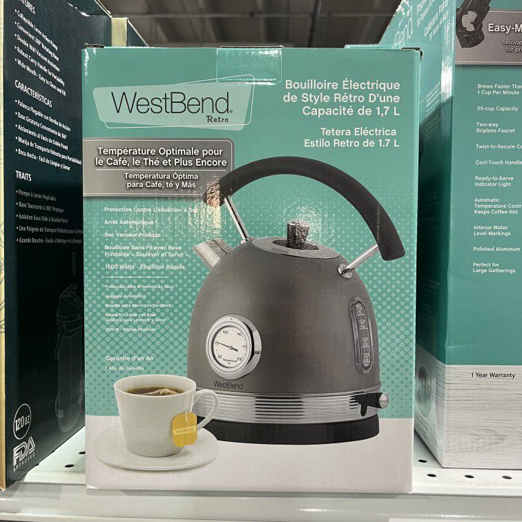 West Bend 1.7l, Retro-style, Stainless Steel Electric Kettle Kitchen Cafetera Ktwbrtgr13