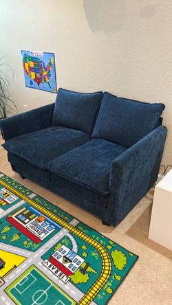 Blue Fabric Loveseat with Throw Pillows