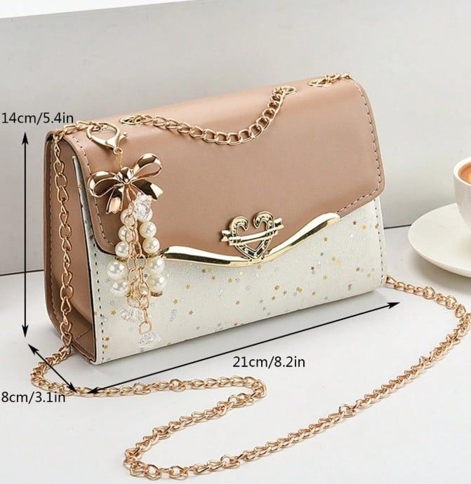 high quality leather Small Shoulder Bag Two Tone Faux Pearl Decor