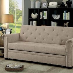 BEIGE LINEN FABRIC FUTON SOFA ADJUSTABLE BED