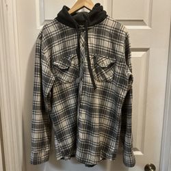 BLUE GEAR Black Gray White Tan Plaid Hooded Flannel Button-Front Shirt Large