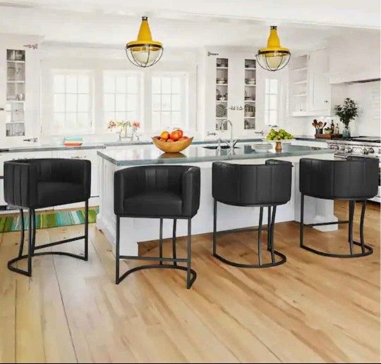 Set of 4 Modern Black Faux Leather Upholstered Counter Stool with Black Metal Frame Barrel Counter Bar Stool Set of 4