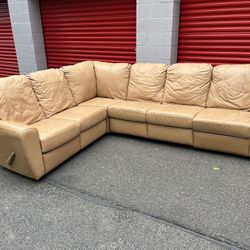 Vintage Beige Leather Recliner Sectional Couch