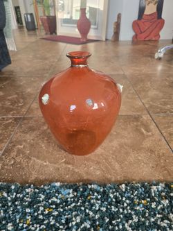 Murano Style Orange Red Art Glass Vase with Shells & Rhinestone Neck - 11” Tall Decor"