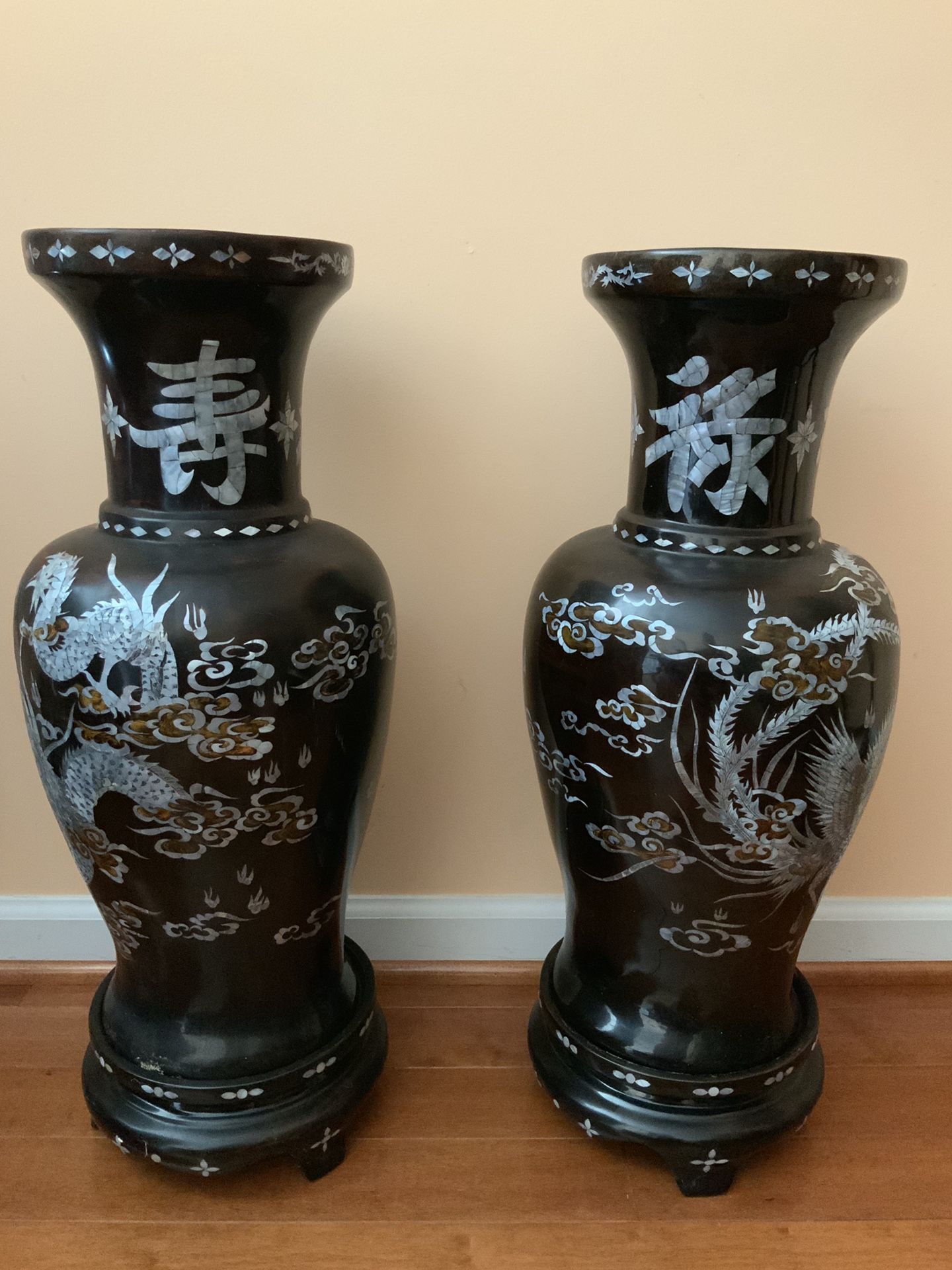 Perfect pair Large Black lacquer wood vase Dragon Phoenix Mother of pearl Vintage Chinese 27”x11”. One chip on top photo 6.