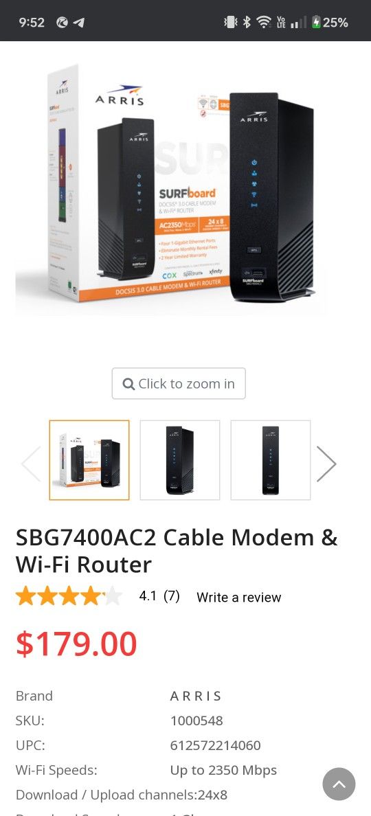ARRIS SURFboard SBG7600AC2 DOCSIS 3.0 Cable Modem & AC2350 Dual-Band Wi-Fi Router, Approved for Cox, Spectrum, Xfinity & others (black)