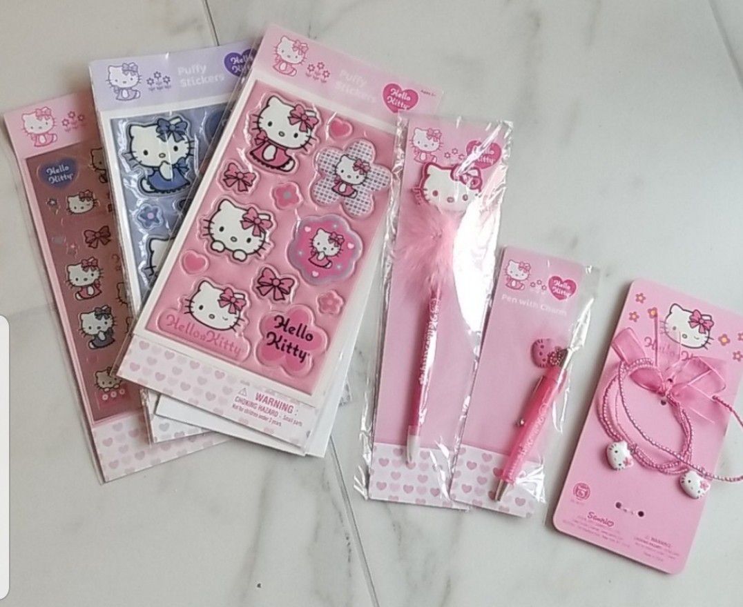 Brand New Hello Kitty Stickers, Pens, And Bracelet Set