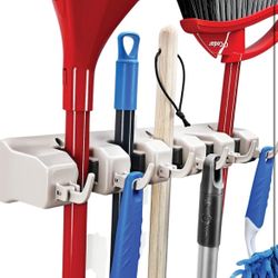 HOME IT Mop And Broom Holder Wall Mount - Garage Storage Systems with 5 Slots, 6 Hooks, 7.5lbs Capacity Per Slot - Garden Tool Organizer For Home, Kit
