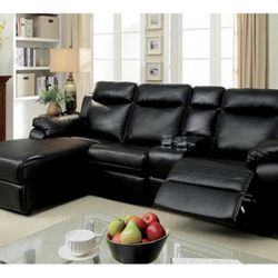 Black Faux Leather Sectional Sofa With Recliner 