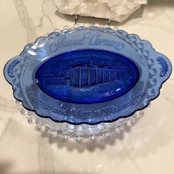 Vintage Cobalt Blue Translucent 9" Serving Plate Mount Vernon George Martha Washington 9” x6.5”