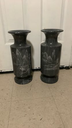 Pair of Dark Stone Vases with Landscape Engraving