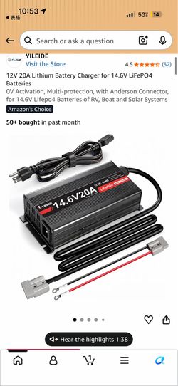 12V 20A Lithium Battery Charger for 14.6V LiFePO4 Batteries