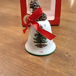 Collectible Spode Porcelain Christmas Bell W/Metal Santa On Top Annual 2008 Christmas Ornament