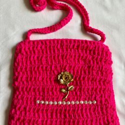 Vintage Gold Tone Flower Pearl PIN BROOCH On HANDMADE CROCHET SHOULDER BAG by Mary Gardner 