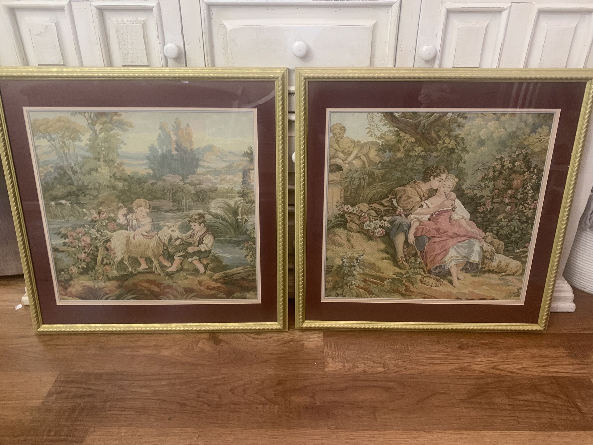 Set of 2 vintage framed French tapestries 26” x 26”