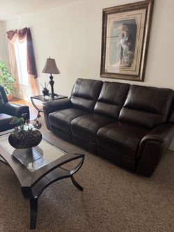 Dark Brown Leather Couch Set with Tables