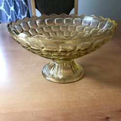 Vtg Amber/Gold Pedestal Glass Bowl - 10” Diameter X 5.5” High 