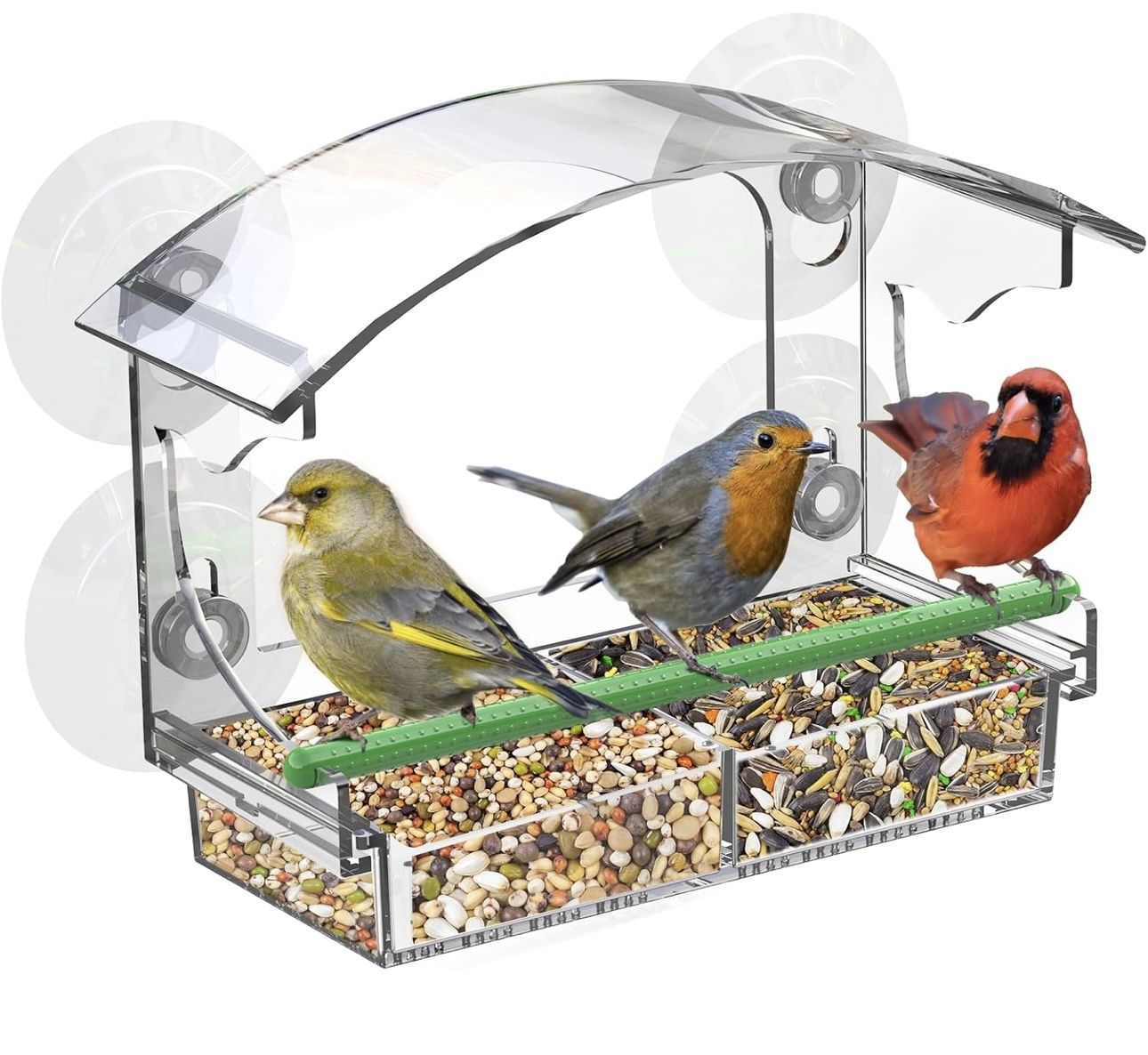 Clear Window Bird Feeder with 4 Strong Suction Cups, Removable Tray & Drain Holes – Ideal for Bird Watching with Cats – Great Gift for Family & Friend