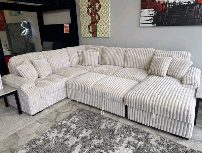 Beige Jumbo corduroy U shaped sectional pullout sleeper Sofa bed 