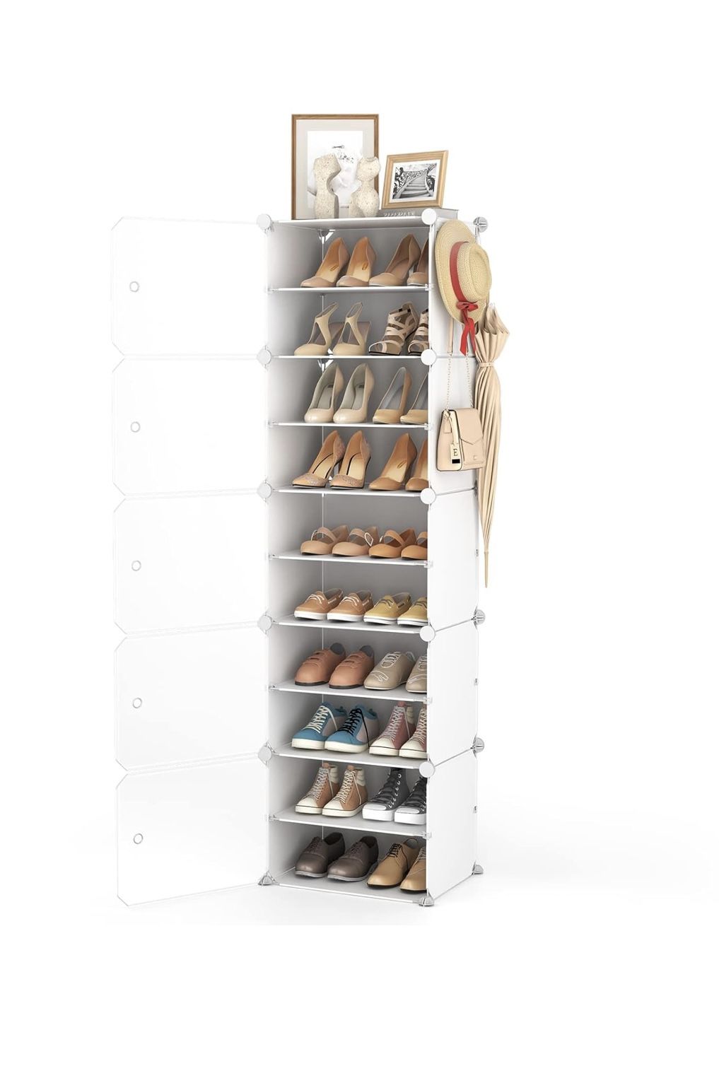10 Tiers Tall Shoe Rack 20 Pair Shoe Organizer Narrow Shoe Rack with Door Portable Shoe Storage Cabinet with Hooks Sturdy Plastic Wh🆕👍Retails $39.99