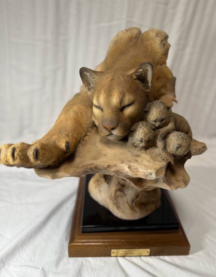 Resin Sculpture of Mountain Lion and Cubs - “Shut Eye”