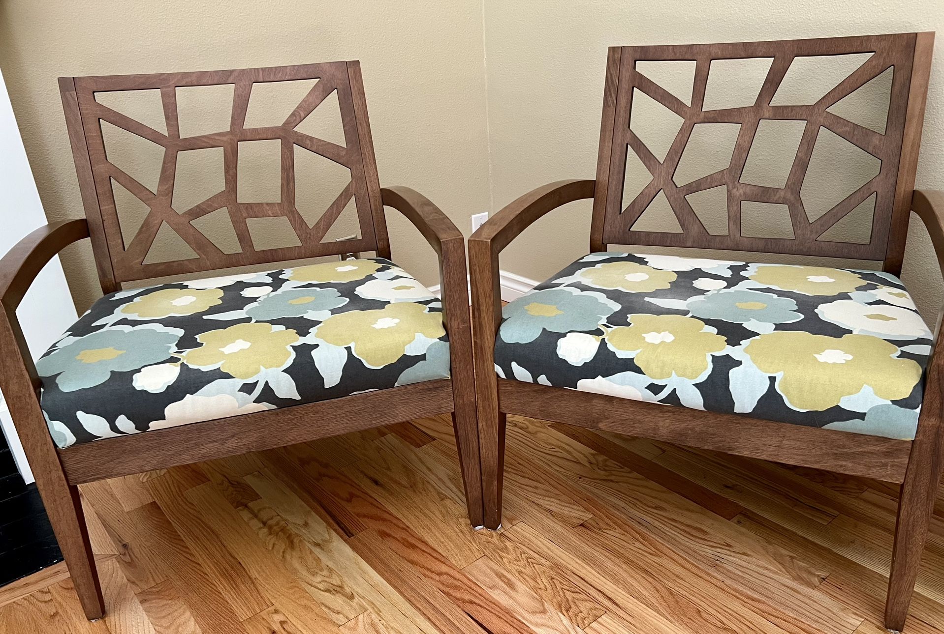 Pair Of Wood Chairs With Fabric Seats