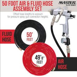 Master Elite Series 50 Foot Air and Fluid Hose Assembly Set with Fittings for Spray Guns, Paint Pressure Pot Tanks, Professional Heavy Duty - Air 3/8"