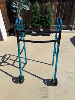 Teal Folding Walker with Dual Front Wheels — Height Adjustable