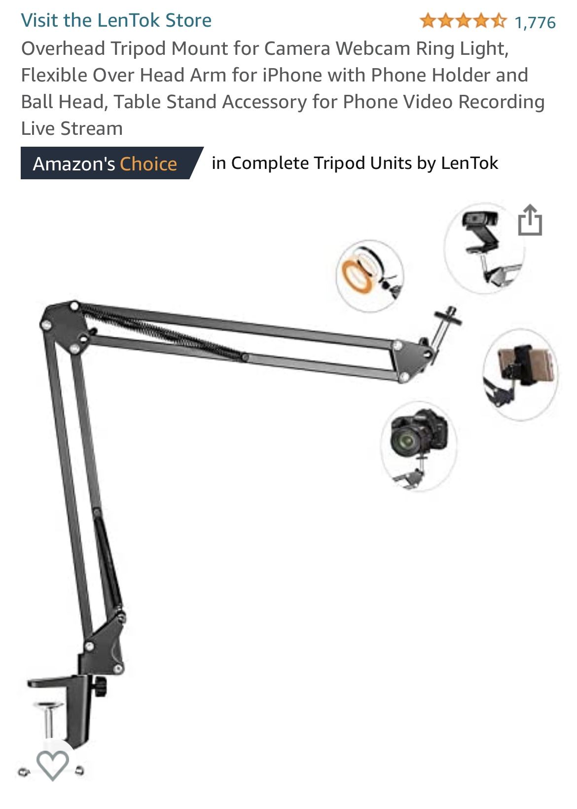 Overhead Tripod Mount for Camera Webcam Ring Light
