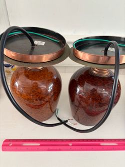 Pair of Glass Jar Pendant Lights with Copper Trim
