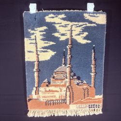 Turkish Hand Knotted Muslim Rug Pictorial Prayer Rug 2x1 Mosque Very Thick