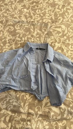 Zara Blue Striped Cropped Button-Up Shirt