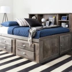 Trundle bunk bed - Twin w/ bookshelf & drawers, Grey pine (wood) - Living Spaces Summit Collection